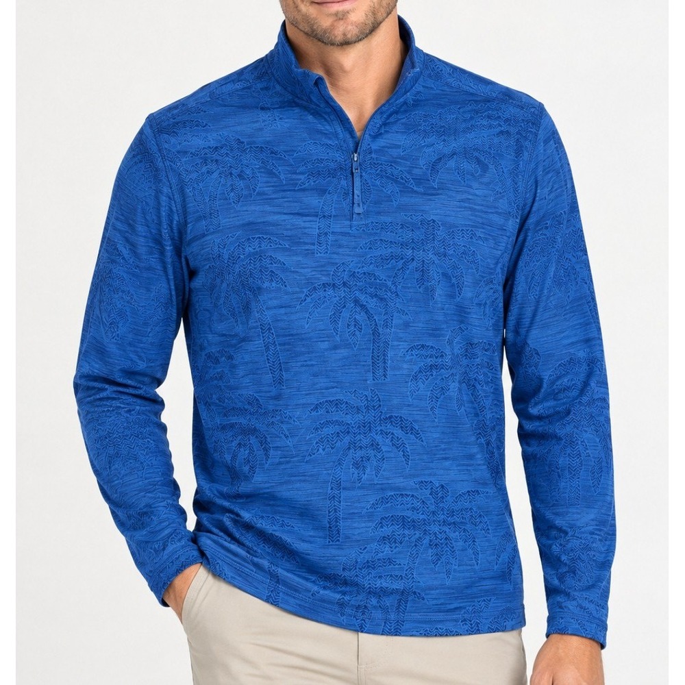 Tommy Bahama Quarter Zip Pullover Mens XL Blue Palm Tree IslandZone ST226126